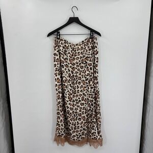 Aerie Satin Leopard Print Midi Slip Skirt Large Brown Slit Lace Trim Y2K 90s